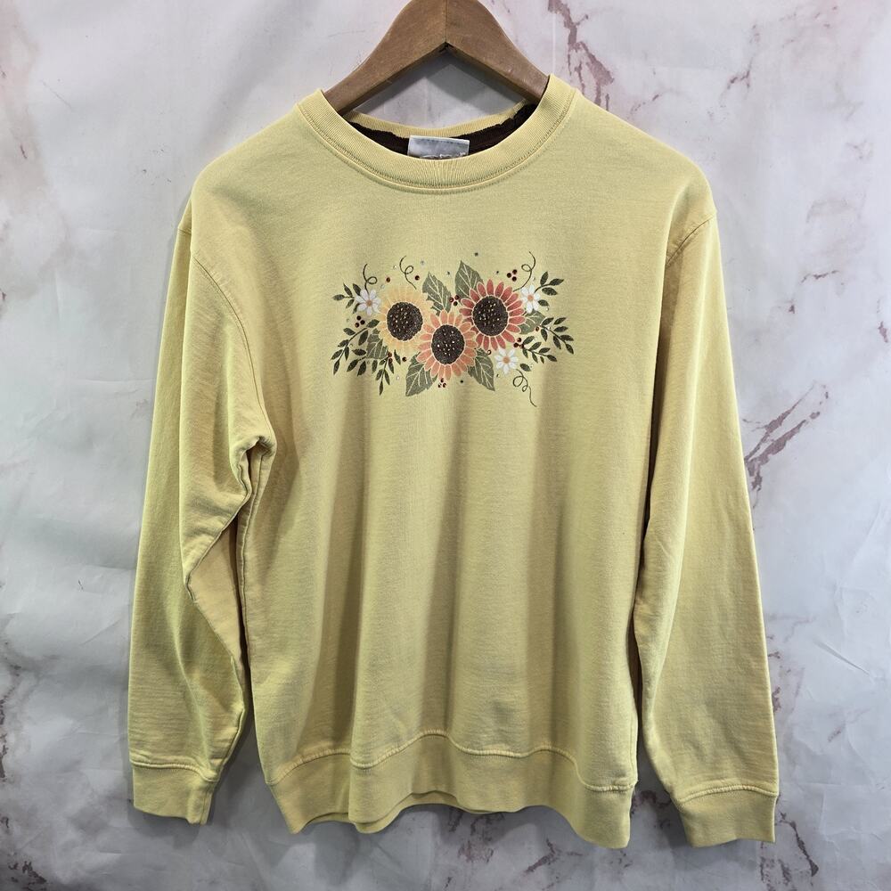 Vintage Sweatshirt Womens Large Yellow Granny 90s Pullover Sunflower Floral